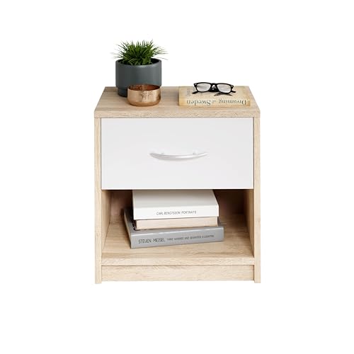 Stella Trading PEPE Nachttisch in Eiche Sonoma Optik, Weiß - Schlichter Nachtschrank mit einer Schublade passend zu jedem Bett & Schlafzimmer - 39 x 41 x 28 cm (B/H/T)