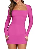 ANRABESS Women Long Sleeve Square Neck Sexy Bodycon Tight Cocktail Party Club Night Formal Short Dress 2025 Going Out Outfits Hot Pink X-Large