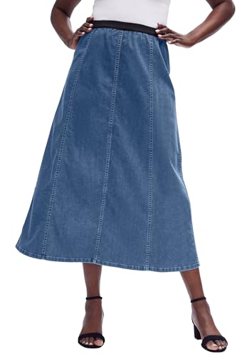 Jessica London Plus Size Stretch Denim Long Skirt - Pull-On Elastic Waist, Jean Fabric, A-Line