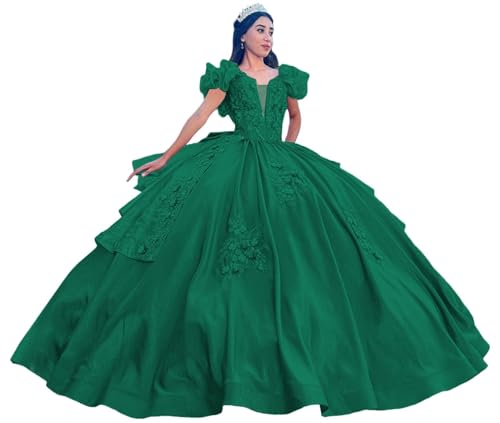 Zhangyo Satin Quinceanera Dresses with Bow Puffy Ruffle Sleeve Sweet 15 16 Dresses Princess Off Shoulder Beaded Ball Gowns