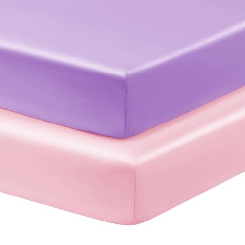Horbaunal 2 Pack Satin Crib Sheets for Baby with Sensitive Hair 52 x 28 x 8 Silky Fitted Crib Sheets Soft Toddler Sheet Baby Mattress Sheet Blush Pink & Violet