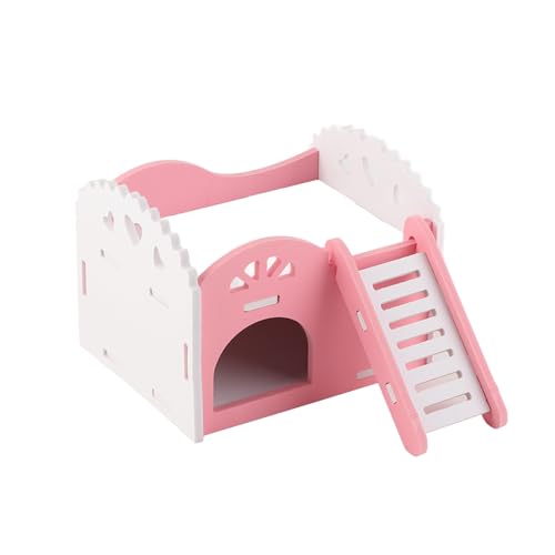 Guinea Pig House Wooden Castle with Stairs, 2-Tier Hideout for Hamsters Chinchillas and Small Pets, Wood-Plastic Composite, Pink - Image 4