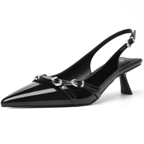 Mostrin Black Kitten Heels for Women Sexy Pointed Toe Slingback Low Heels Dressy Pumps Shoes with Buckle for Party Size 8