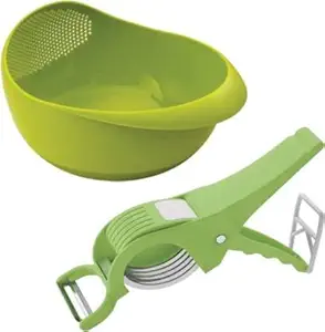 UNIBRITE Rice Washing Bowl And Vegetable Cutter Combo For Rice, Fruit, Vegetable (Pack of 2) Green Kitchen Tool Set