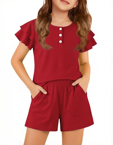 Arshiner Girls Outfits 2 Piece Summer Vacation Clothes Short Sleeve T Shirts Elastic Waist Shorts Matching Set Red 7-8 Years