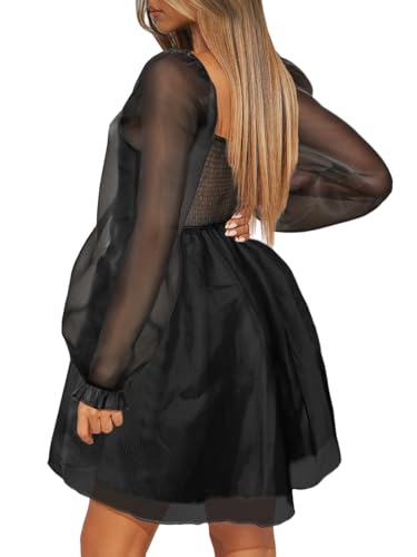 Aisbei Women's Square Neck Puff Sleeve Babydoll Dress Backless Casual A-Line Short Mini Dresses3