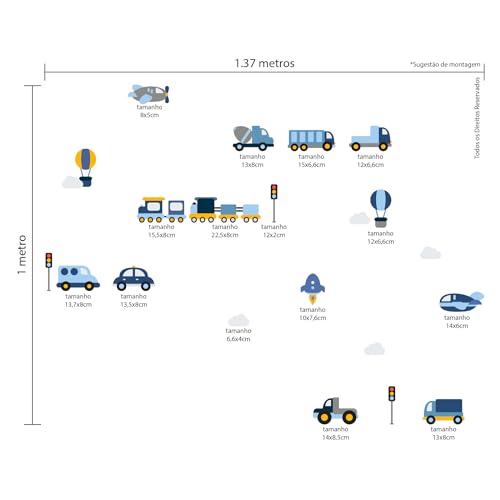 Adesivo de Parede Carrinhos para Quarto de Menino Cobre 1,3m²