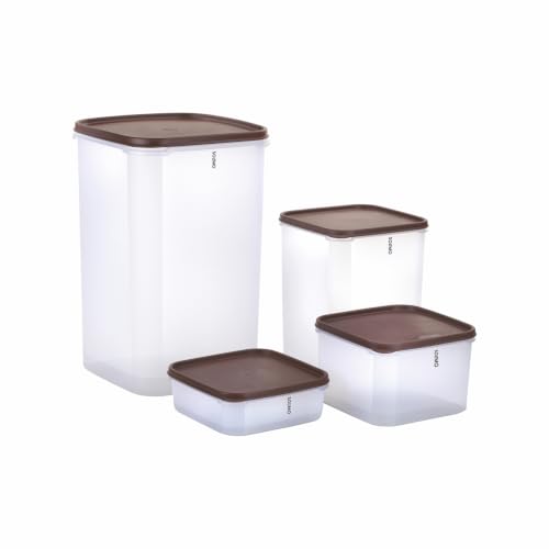 Image of Amazon Brand - Solimo Airtight Plastic Square Storage Containers Food Grade Set of 4(1.5L,2.7L,5.5L& 15.5L) | BPA-Free Durable Kitchen Storage | Stackable Pantry & Fridge Containers for Dry Food, Brown
