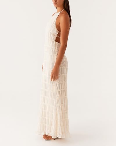 Image of Argeousgor Women Halter Neck Backless Summer Dresses 2025 Sleeveless Tiered Ruffle A-Line Flowy Cocktail Party Maxi Dress