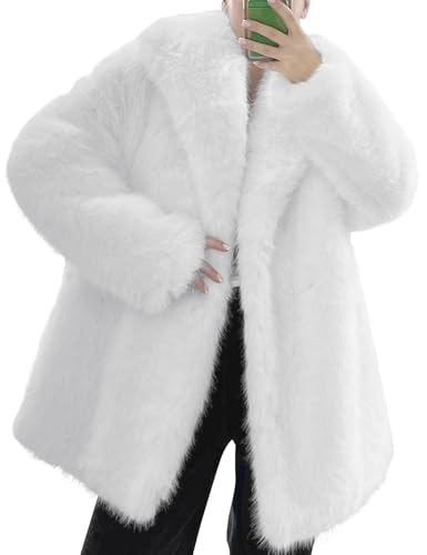 Kissonic Women's Long Faux Fur Coat Lapel Shaggy Winter Jacket Luxury Warm Furry Open Front Outerwear(White-M)