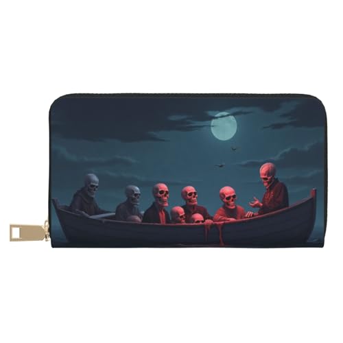 Dark Blue Boat Scene Print Wallet Women, Leather Bifold Multi Card Wallet, Long Purse Women's Wallets