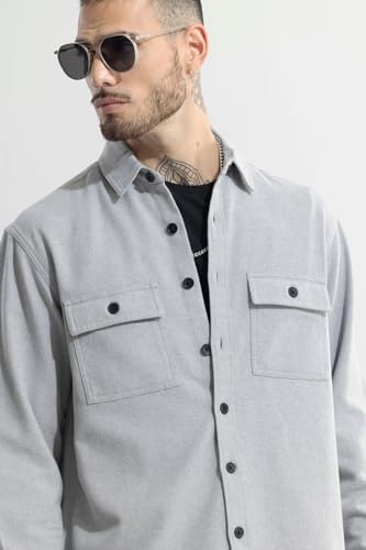 Image of SNITCH Light Grey Solid Cotton Shacket Shirt