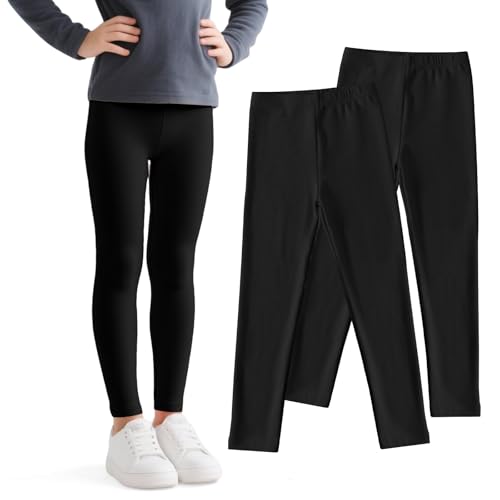 JinBei Leggings Niñas Algodón Transpirable Largos Pantalones Niña Cómodos Elástico Mallas Infantiles Unicolor Pack de 2 Ropa Elástico Pantalone Negro para Deportes Ballet Escuela, 10-12 Años