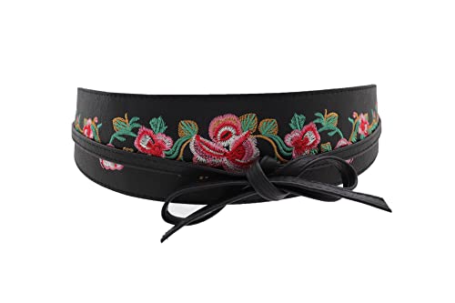 Women Black Tie Fashion Belt - Wrap Around Faux Leather Wide Waistband Flower S M
