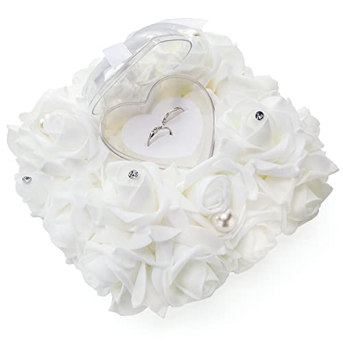 VGOODALL Hochzeit Ringkissen, 18,5 x 18,5cm Ehering-Kissen Ringkissen mit Satinband für Ringträger Cover