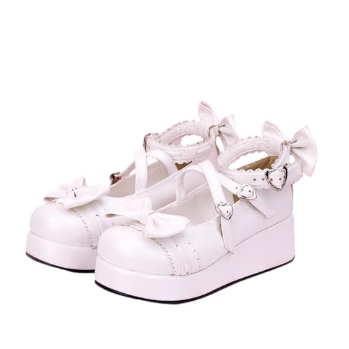 BEROBELLO Sweet Lolita Platform Mary Jane Shoes with Bow, Heart Buckle Straps