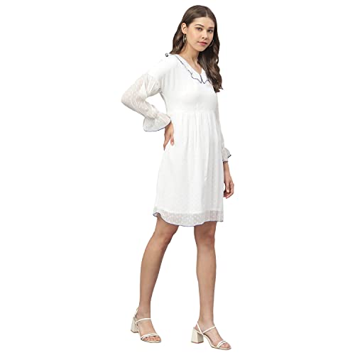 Image of DEEBACO Women's Shift Midi Knee Length Dress|Western Dress for Women|Bishop Sleeves Dress|Girl's Dress|One Piece Dress|Summer Dresses for Women Dress|Georgette Dress (Off-White)