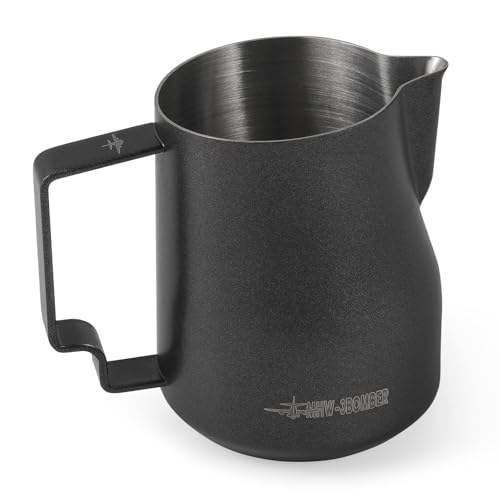 MHW-3BOMBER Milk Frothing Pitcher 12oz Milk Frother Cup Espresso Steaming Pitcher Stainless Steel Milk Frother Cup Barista Latte Art Round Spout Milk Jug, Black P6007MB-OS