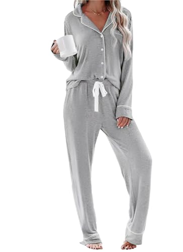 Image of COULUKE Womens Long Sleeve Pajamas Set Soft Sleepwear Button Shirt Long Pants Pj Lounge Sets