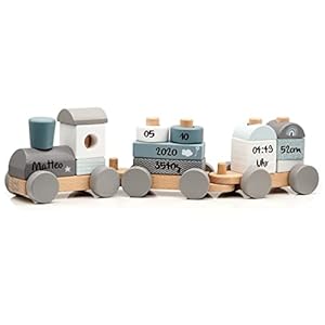 KIDSLINO Holz Eisenbahn blau – personalisierbar, zur Geburt Jungen, Handmade Holzspielzeug mit Steckformen, Personalisierte Geschenke Baby, Holzzug mit Name & Geburtsdaten