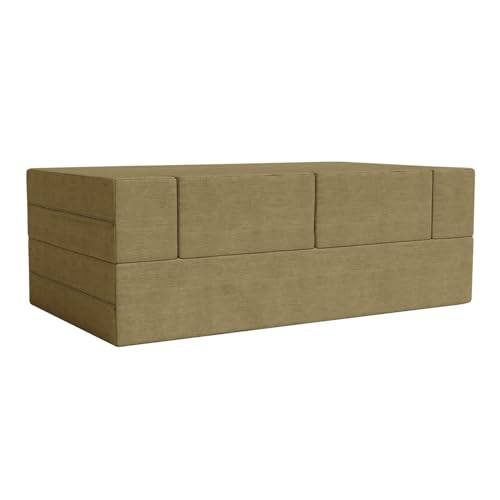 Image of Rosebell 5x6 Feett C-Type Sofa Cum Bed | Jute Fabric with Removable Washable Cover | Two-Seater with 2 Pouffes | Ideal for Living Room & Office - Golden