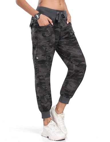 MoFiz Hiking Cargo Pants for Women with Pockets Lightweight Quick Dry Athletic Outdoor Summer Travel Casual Joggers Sweatpants Camouflage Dark Grey XS