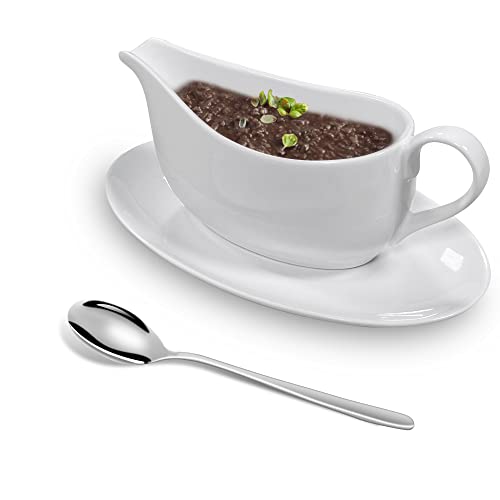 Gravy Boat With Ladle And Saucer, 14 Oz White Porcelain Gravy Sauce Boat With White Ceramic Serving Dish For Turkey, Milk, Warming Sauces, Salad Dressings, Creamer, Broth,Catering Supplies #TOP2
