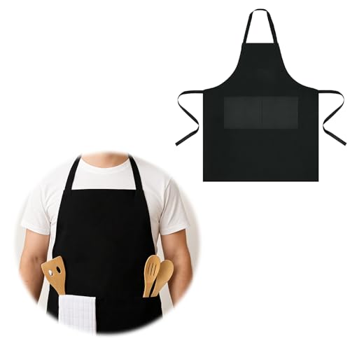 wilcractk Chef Delantal, Negro Delantal Impermeable con 2 Bolsillos, 60x70 cm con Bolsillos Profundos y Tiras Ajustables para Barbacoas, Cocina Familiar, Jardinería y Restaurantes (60*70cm)