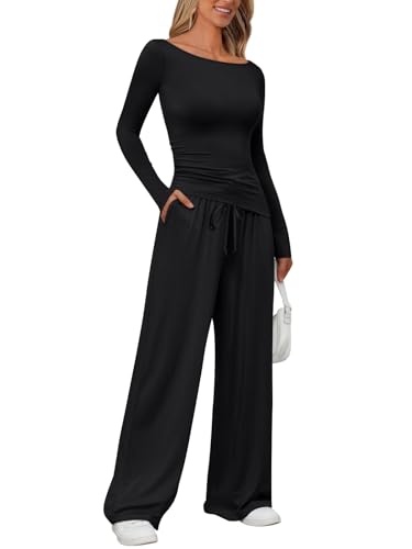 LILLUSORY Womens Boat Neck Long Sleeve Side Ruching Asymmetric Hem Top Wide Leg Pants 2 Piece Casual Lounge Set with Pockets
