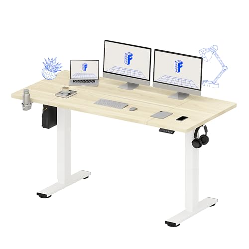 Image of FLEXISPOT 63x32 Inch Electric Large Standing Desk for Home & Office, Spacious Splice Board Desk with Cable Management & Organizer, Cup Holder & Hook, White Wood Grain