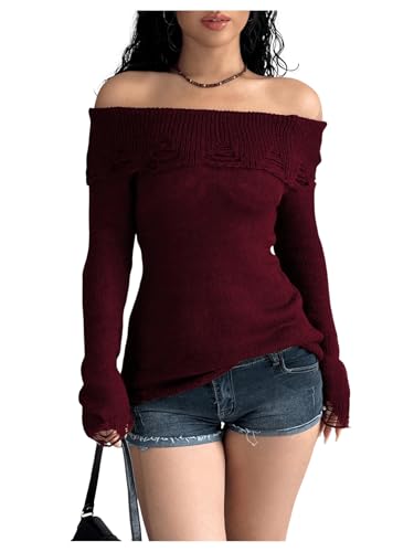 Image of MakeMeChic Women's Ripped Bell Sleeve Sweaters Off The Shoulder Knitted Pullovers Top