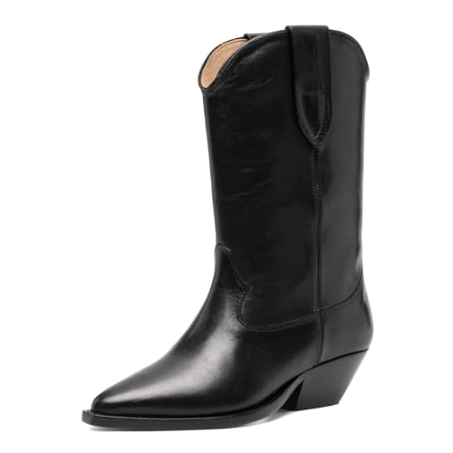 Women's Pull On Western Boots Closed Toe Wide Calf Low Block Heel Mid Calf Booties Retro Winter Fall Party Shoes Size 4-16 US