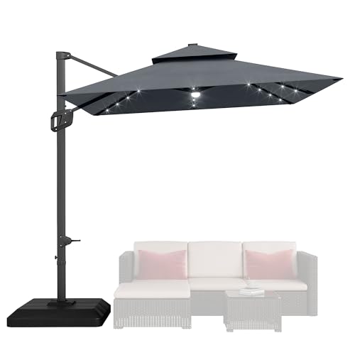 10' x 10' Heavy Duty Cantilever Patio Umbrella with Solar LED Lights & Weighted Base, 2-Tier Square Aluminum Offset Umbrella with 360-Degree Rotation for Backyard, Deck, Pool, Gray