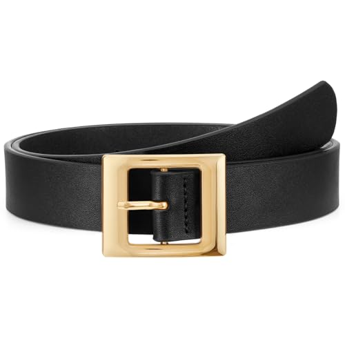 WHIPPY Women Fashion Leather Belt for Jeans Pants Dress Ladies Black Belts with Square Gold Buckle