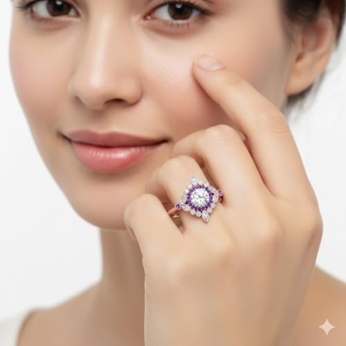 Image of 55Carat Choose Your Gemstone Round Halo Floral Engagement Ring Rose Gold Plated Round Shape Vintage Engagement Rings Everyday Jewelry Wedding Jewelry Handmade Gifts for Wife US Size 4 to 12
