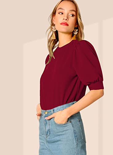 Image of Dream Beauty Fashion Women's Puff Sleeve Round High Neck Top Balloon Bishop Sleeve Elegant Casual Tee (23 inch Inches)- (Top Sofia P)