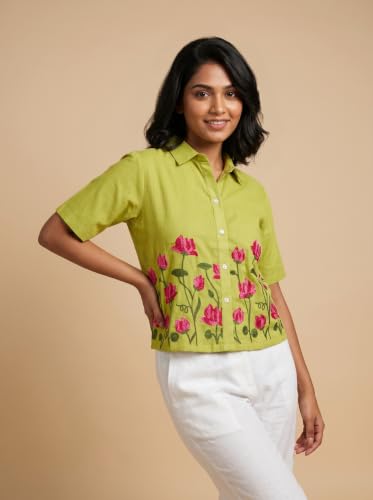 Image of Stylish Women's Embroidered Shirts | Geometric Pattern Half Sleeve Collared Button-Up Casual Shirt for Women
