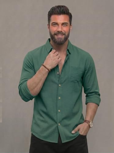 Image of NexaFlair Men's Regular Fit Solid Pattern Laffer Cotton Shirt with Long Sleeve Collared Neck Standard Length and Button Down Closure Type | Mens Casual Shirts | Man's Formal Shirts