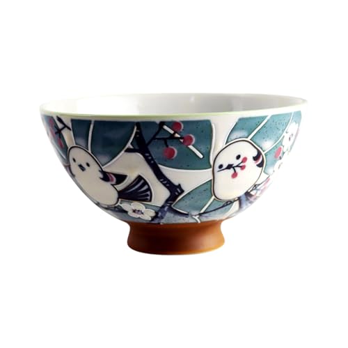 Minoware Snow Fairy Bird Bowl 4.5' Diameter 10oz Ceramic Matcha Rice Bowl with Cute Shimaenaga Birds...