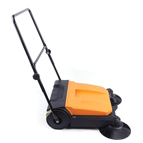 RENFANSHOP Hand Push Industrial Sweeper, 26 Inch Outdoor Hand Push Floor Sweeper Street Sweeping Cleaning Tool Yellow Outdoor and Indoor Sweeper with 4 Gal Small Waste Container