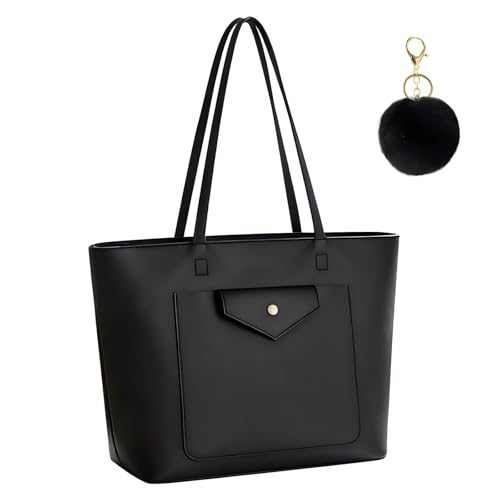URAQT Cabas Femme Noir Grande Capacité, Cuir PU Imperméable avec Fermeture Éclair, Sac Travail Étanche pour Femme École Voyage Shopping, Rangement A4
