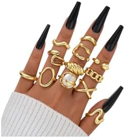 FAXHION 12PCS Gold Stackable Rings Set for Women, 18K Gold Plated Open Stacking Knuckle Ring, Adjustable Chunky Signet Band Statement Ring for Gift