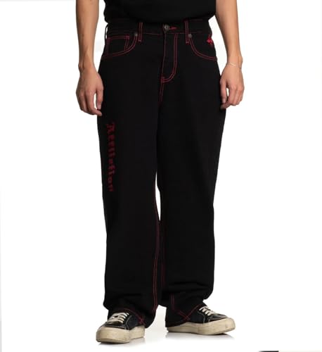 Affliction Men's Black Denim Jeans with Red Wing Embroidery, Gothic Style, Contrast Stitching, Wide Leg Design3
