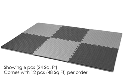 Xspec 1" Extra Thick 48 sq ft Reversible EVA Gym Foam Floor Mat Tiles (24" x 24"), Steel Pattern, 12 pcs, Black & Grey