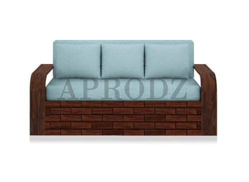 Image of APRODZ Solid Sheesham Wood Sofa Cum Bed 3 Seater Velevt Fabric with Blue Upholstery & Cushion Perfect Sofa Furniture for Home Living Office Room and Guests (Walnut Finish 75x69x30-Inch)