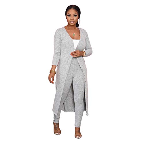 LINLIS Women Fashion Floral Print 2 Piece Outfits Open Front Kimono Cardigan and Skinny High Waisted Long Pants Legging (1HempPointGray, S)