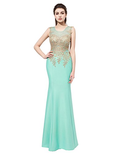 Belle House Women's Long Mermaid Evening Dresses Gold Lace Applique Zipper Floor Length Sleeveless Prom Party Gowns