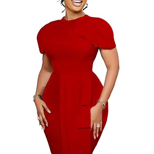 Women's Elegant Pleated Bodycon Dress Crewneck Short Cap Sleeve Formal Work Midi Pencil Dress Red3