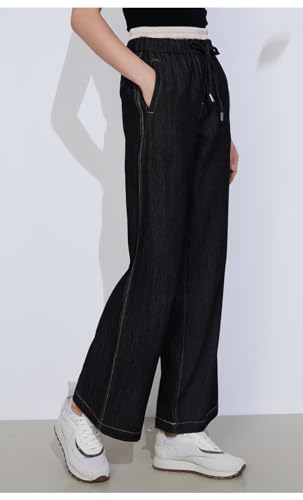 Wide Leg Denim 100% Cotton Pants, Elastic Waist with Drawstring, K2197W2