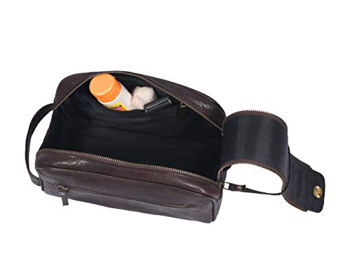 10" Premium Leather Toiletry Travel Pouch With Waterproof Lining | King-Size Handcrafted Vintage Dopp Kit By Aaron Leather Goods (Hickory) - Thumbnail 5
